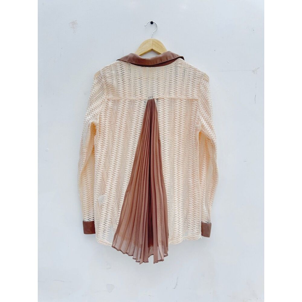 Ryu Cream Crochet Knit Pleated Chiffon Back Blouse Mocha Trim L